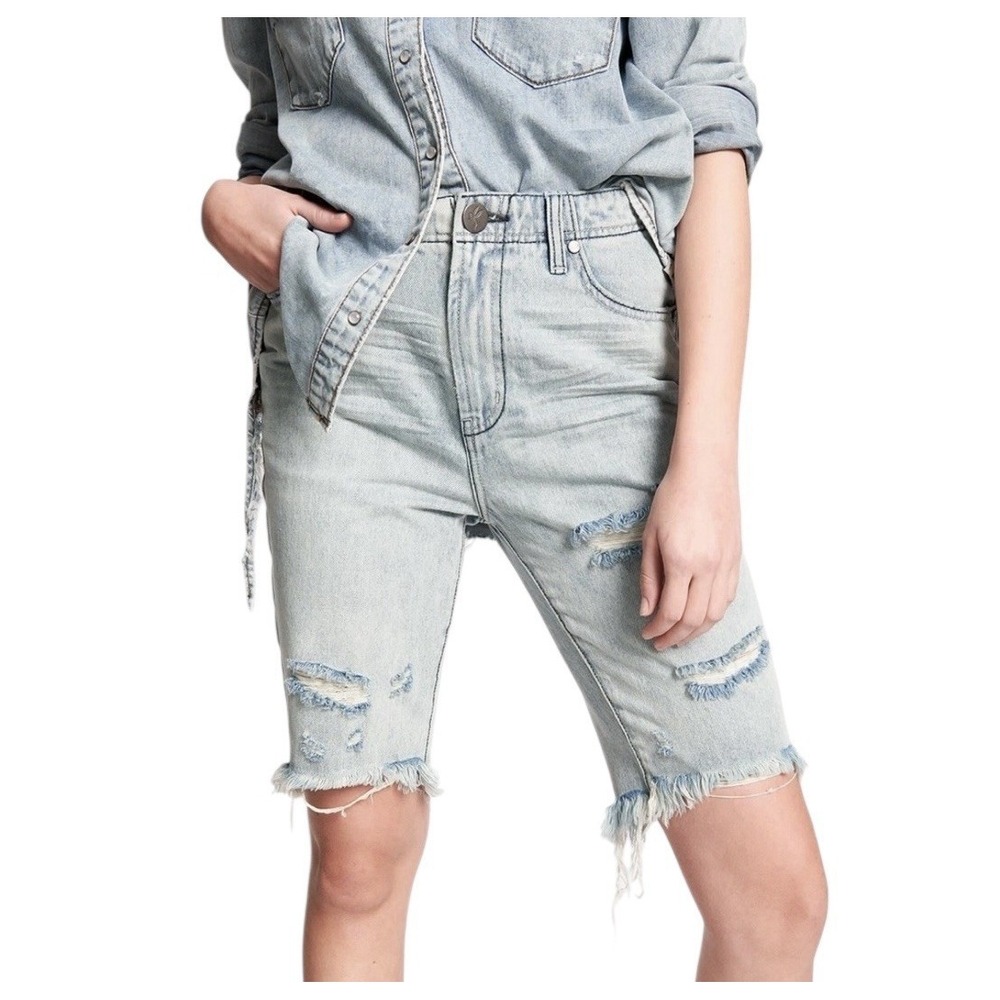 One Teaspoon Jean Shorts Women 26 Blue Cutoff Trucker Distressed Button Fly NWOT